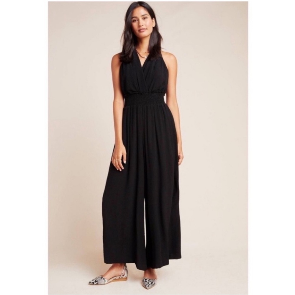 Anthropologie Bionda Plisse Jumpsuit Black Wide Leg Size Large L Petite - Picture 1 of 8
